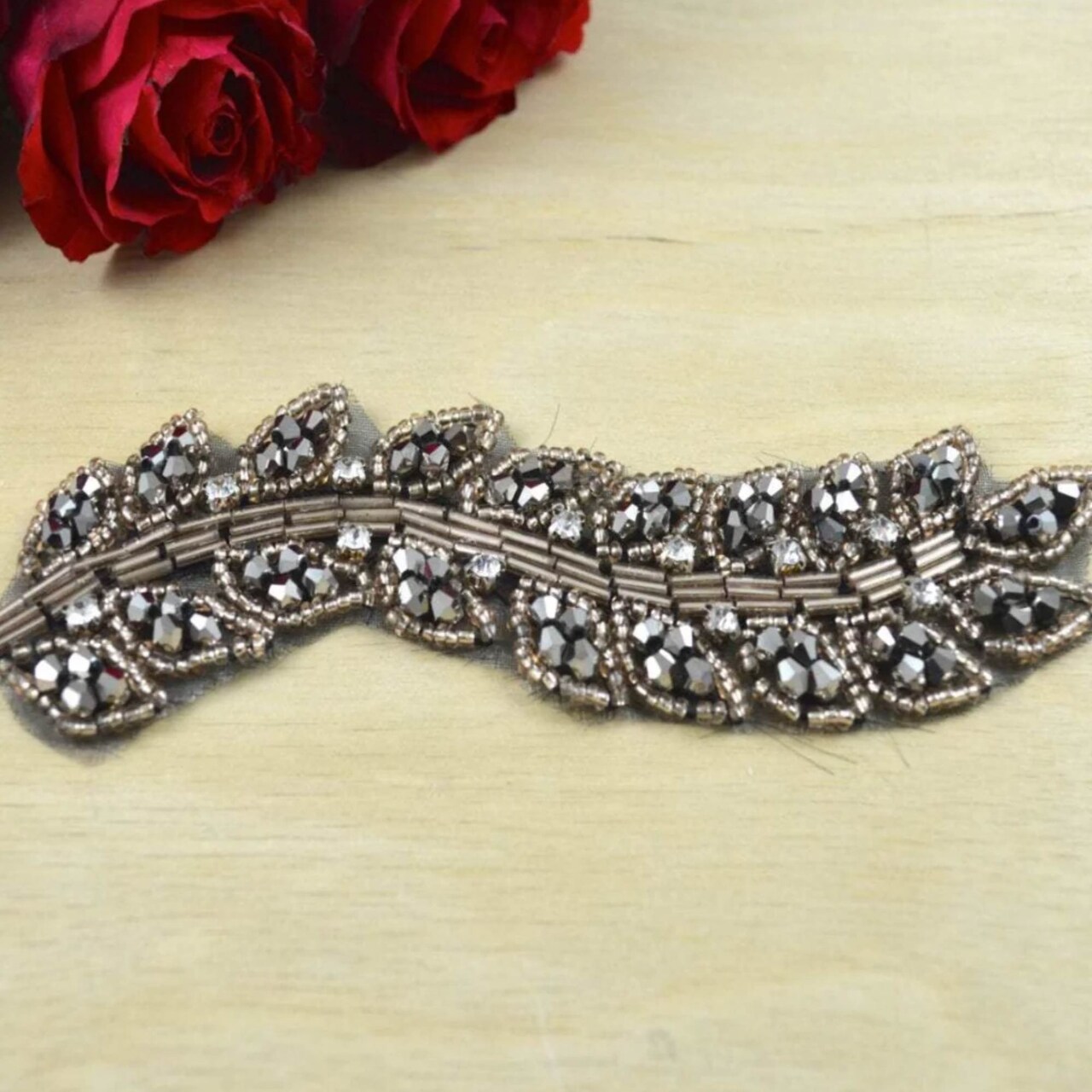 1.25" x 5.75" Charcoal Leaf Rhinestone Beaded Applique Patch for Clothing and Crafts